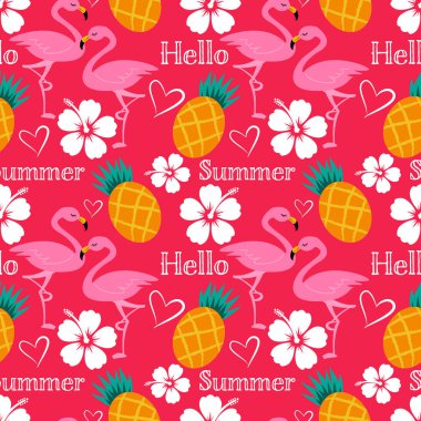 Merhaba Summer. Ananas, amber çiçeği, kalp şeklinde ve pembe arka planda 