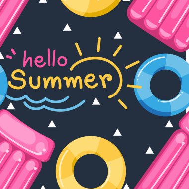 Merhaba Yaz, yüzme yüzükleriyle kusursuz desen ve Merhaba Yaz yazılı Şişirilebilir Salon ve koyu renk arkaplanlı küçük beyaz üçgen. Vektör illüstrasyonu.