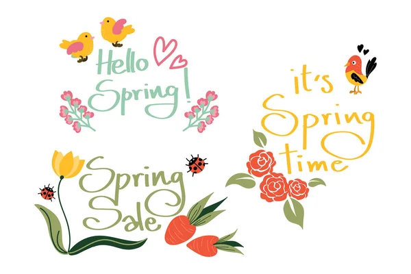 Hello Springのかわいい春の季節のテキストコレクション 春の販売そしてそれは小さな鳥 テントウムシ ニンジン 花で春の時間のテキストです ベクターイラスト — ストックベクタ