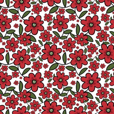 Yeşil yapraklı, beyaz arkaplanda dalları olan, karalama kırmızı çiçeklerinin hoş, dikişsiz deseni. Vektör illüstrasyonu.