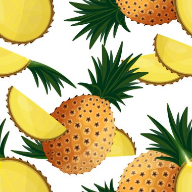 Beyaz arka planda ananas ve ananas dilimlerinin hoş, meyvesiz deseni. Vektör illüstrasyonu.