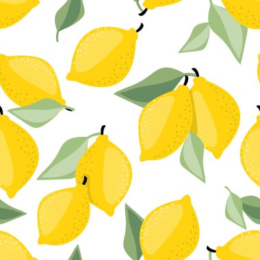 Beyaz arka planda yaprakları olan taze limon desenli şirin meyveler. Vektör illüstrasyonu.