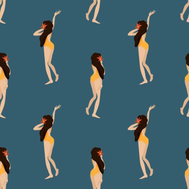 Yaz sezonunda mavi arka planda sarı mayo giyen kız. Vektör illüstrasyonu.