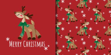 Noel bayramı afişi, Mutlu Noeller mesajı ve pürüzsüz şirin ren geyiği desenli. Kırmızı arka planda kar taneleriyle birlikte yeşil eşarp takıyorlar. Vektör illüstrasyonu.