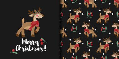 Noel bayramı afişi, Mutlu Noeller metniyle ve şirin ren geyiklerinin pürüzsüz deseniyle siyah arka planda eşarp ve böğürtlen tacıyla yeşil yapraklı kırmızı böğürtlen. Vektör illüstrasyonu.