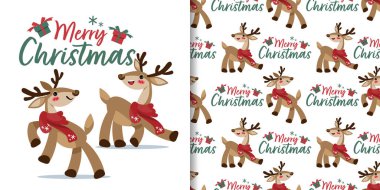 Mutlu Noeller yazılı Noel bayramı afişi ve kusursuz şirin ren geyiği desenleri hediye kutulu kırmızı eşarp ve beyaz arka planda kar taneleri takıyor. Vektör illüstrasyonu.