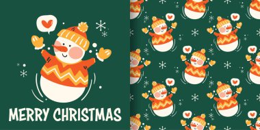 Noel bayramı afişi, Mutlu Noeller mesajı ve kışın kırmızı kalpli ve yeşil arka planda kar taneleri olan sevimli kardan adam desenleri. Vektör illüstrasyonu.