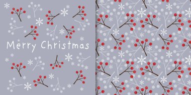 Noel tatili afişi ve gri arka planda kar taneleri olan şirin çoban üzümü dallarının pürüzsüz deseni. Kış tatili sezonu için Mutlu Noeller mesajı. Vektör illüstrasyonu.