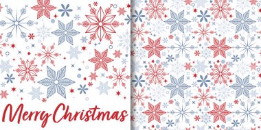 Kırmızı ve mavi geometrik kar taneleriyle mutlu noel afişleri ve kusursuz desenler. Kumaş, ambalaj, ağ ve kartlar için modern kış tatili arka planı. 