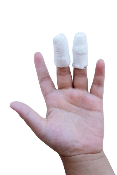 Çocuk orta parmağı ve yüzük parmağını yaraladı. beyaz arkaplan