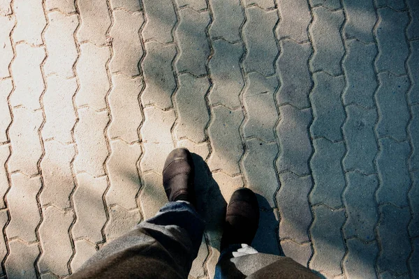 Men Foot Jogging Pants Brick Floor — Stock Photo, Image