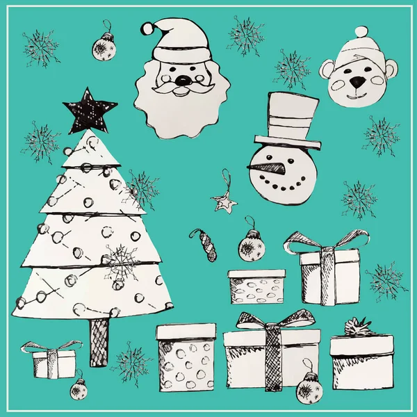 Yeni yıl ve Noel. Kış tatili Oyuncaklı Noel ağacı. Noel Baba, Noel Baba, ayı, kardan adam. Kutudaki hediyeler. Güzel kar taneleri. İzole vektör nesneleri kümesi.