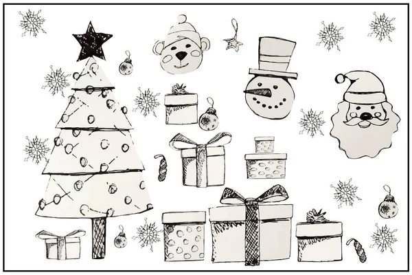 New Year\'s and Christmas. Winter holidays. Christmas tree with toys. Santa Claus, Santa Claus, bear, snowman. Gifts in boxes. Beautiful snowflakes. Set of vector isolated objects.
