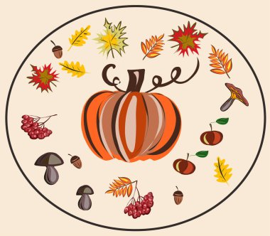 Cadılar Bayramı. Sonbahar, sonbahar. Mantarlar. Yapraklar. Akçaağaç. Meşe ağacı. Balkabağım. Rowan. Bir elma. Eylül. Ekim. Kasım. Sonbahar vektörü izole resimleri kümesi.