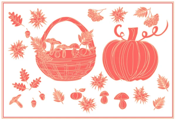 Halloween Otoño Otoño Setas Arce Roble Calabaza Rowan Una Manzana — Vector de stock