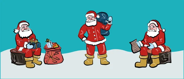Yeni yıl, Noel. Tebrik kartları ve posterler için unsurlar. Noel Baba mektubu okur, hediyeler toplar, içinde hediyeler olan bir çanta taşır. Bu durum için renkli karakterler. İzole vektör nesneleri.
