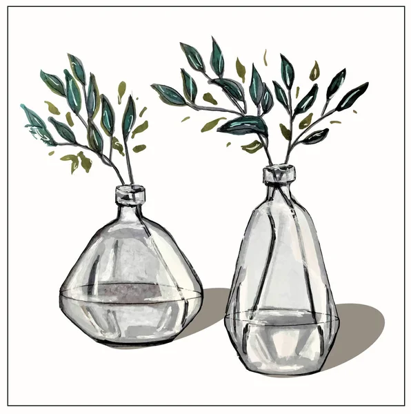 Skleněné Vázy Větvičkami Rostliny Sklo Příroda Interiér Vystopovaná Akvarelová Malba — Stockový vektor