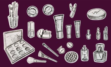  Kozmetik fırçalar, allık, göz farı, pudra, kapatıcı, ruj, krem, deri serumu, tırnak cilası. Parfüm şişesi, parfüm kokusu. Güzellik salonu, güzellik kutusu. Dekoratif ve bakım kozmetiği. Kozmetik mağazası, çıkartmalar, çeşitli ürünler. Vektör izole nesneler.
