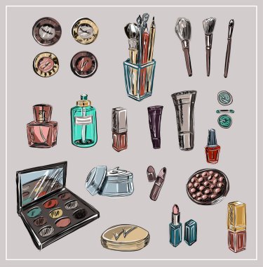 Kozmetik fırçalar, allık, göz farı, pudra, kapatıcı, ruj, krem, deri serumu, tırnak cilası. Parfüm şişesi, parfüm kokusu. Güzellik salonu, güzellik kutusu. Dekoratif kozmetik seti. Kozmetik mağazası, çıkartmalar, çeşitli ürünler. Vektör izole edildi 
