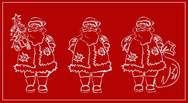 Yeni yıl Noel 'i. Kış tatili Noel ağacı olan Noel Baba, bir çanta dolusu hediyeyle. Kartpostallar, kışlık site tasarımı. Vektör izole resimler.