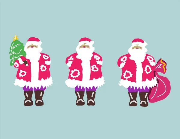 新年佳节 寒假圣诞老人带着圣诞树和一袋礼物明信片 冬季场地设计 矢量隔离图像 — 图库矢量图片