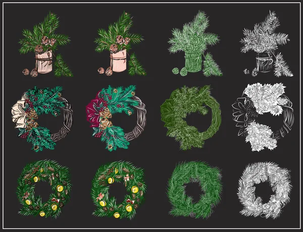 Vinterinredning För Semestern Nyår Och Jul Kransar Grankvistar Och Kottar — Stock vektor