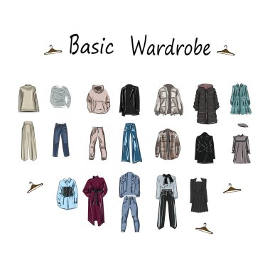  Basit bir gardırop ayarla. İş, tatil, alışveriş, seyahat, tatil. Kıyafetler, mankenler, kıyafetler, ceketler, pantolonlar ve elbiseler. İzole edilmiş vektör resmi.