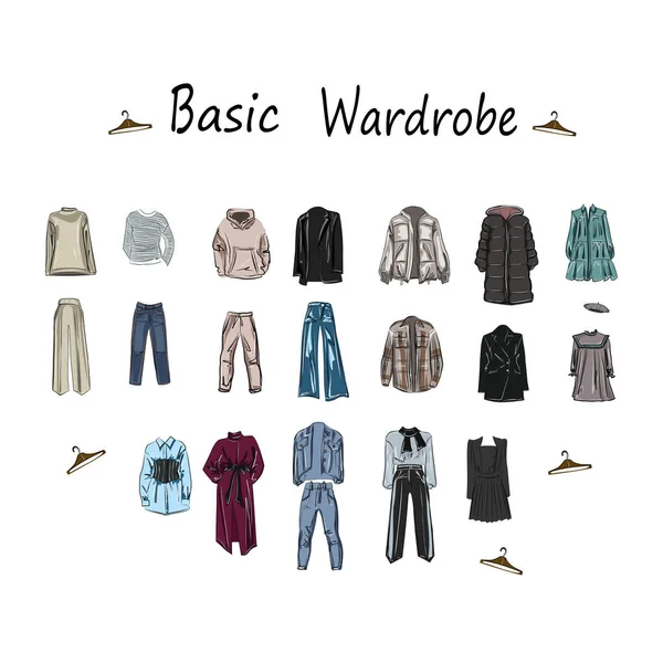  Basit bir gardırop ayarla. İş, tatil, alışveriş, seyahat, tatil. Kıyafetler, mankenler, kıyafetler, ceketler, pantolonlar ve elbiseler. İzole edilmiş vektör resmi.