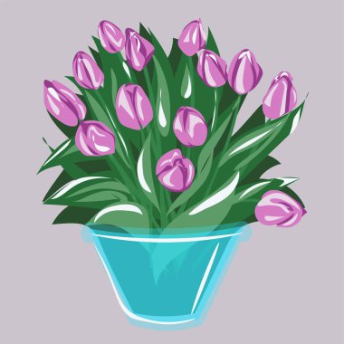 Vazosuz vazoda bir buket güzel lale. Sarı, pembe, kırmızı çiçekler. Bahar, tatil, hediye. Ayrı ayrı arka plan. Boyutlandırılabilir vektör izole edildi.