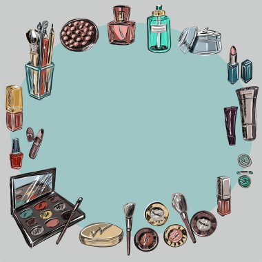 Çerçeve. Geçmişi. Kozmetik fırçalar, allık, göz farı, pudra, kapatıcı, ruj, krem, deri serumu, tırnak cilası. Parfüm şişesi, parfüm kokusu. Güzellik salonu, güzellik kutusu.. 