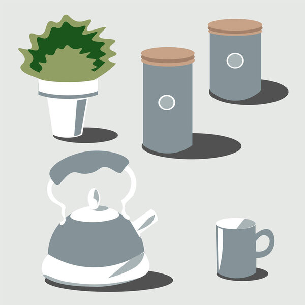 Dishes, tea, coffee, containers for cookies and cereals. Flower in a pot. Teapot and mug. Vector isolated images.