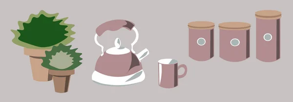 Nádoby Čaj Káva Nádoby Sušenky Cereálie Květina Hrnci Konvice Hrnek — Stockový vektor