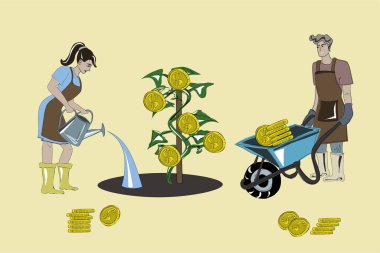 Ticaret, hisse senedi alım-satımı, kısa, uzun vadeli, banka mevduatları, bitcoin, kripto para. Kız ve erkek yatırım yapıp para kazanıyorlar. Bozuk paralarla bitki. İzole vektör resimleri.