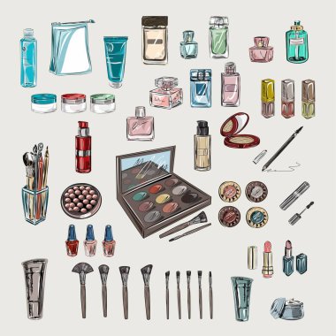 Dekoratif kozmetik ürünleri ve makyaj fırçaları beyaz arka planda, üst tarafta. Makyaj seti. Bakım ve dekoratif kozmetik mağazası, reklam, afiş. Vektör izole nesneler