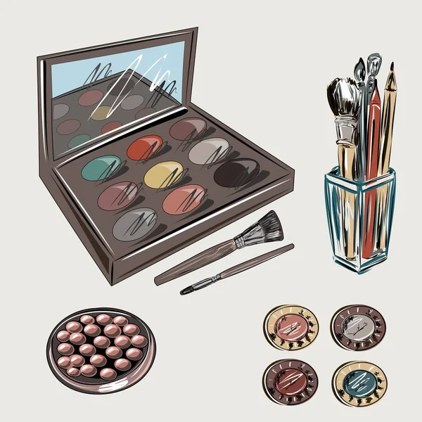 Cosmétiques Décoratifs Pinceaux Maquillage Sur Fond Blanc Vue Dessus Kit — Image vectorielle