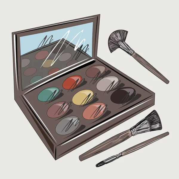 Cosmétiques Décoratifs Pinceaux Maquillage Sur Fond Blanc Vue Dessus Kit — Image vectorielle
