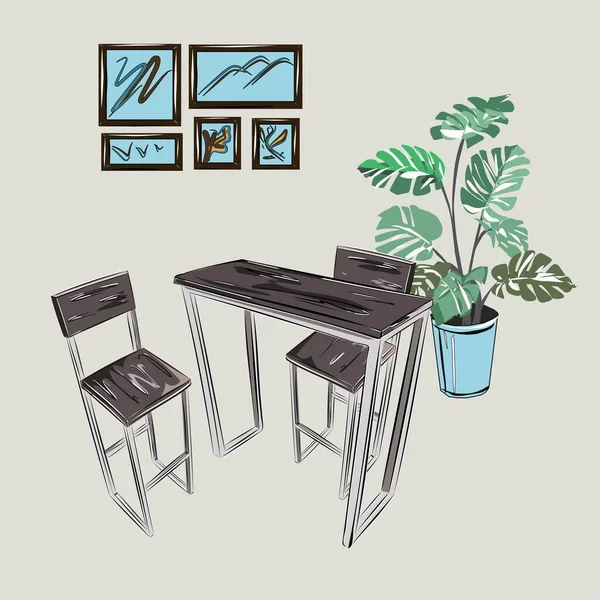 Έπιπλα Τύπου Loft Ξύλινο Τραπέζι Καρέκλες Ξύλο Και Μέταλλο Απλά — Διανυσματικό Αρχείο