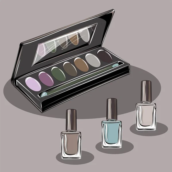 Cosméticos Paletas Sombras Ojos Cremas Esmaltes Uñas Cimientos Polvo Tratamientos — Vector de stock