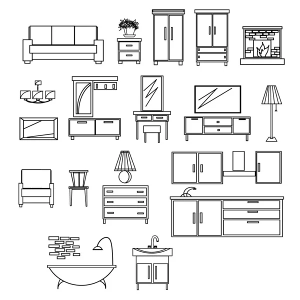 Cocina Pasillo Sala Estar Dormitorio Sofá Sillón Armario Cómoda Espejo — Vector de stock