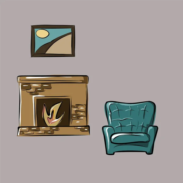 Cocina Pasillo Sala Estar Dormitorio Sofá Sillón Armario Cómoda Espejo — Vector de stock