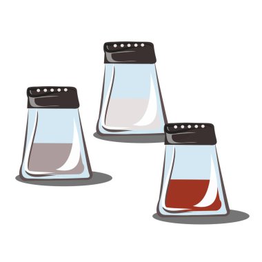 Baharatlar için cam kavanozlar, tahıllar, baharatlar, toplu ürünler, şeker. Gerçekçi cam imge. Masa ayarı. Mutfaktaki depo düzeni. Tabak takımı. İzole vektör nesneleri