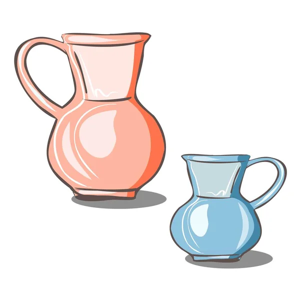 陶瓷陶瓷壶有粉色和蓝色两种颜色 厨房用具 一个盛水 饮料的容器 矢量隔离物体 — 图库矢量图片