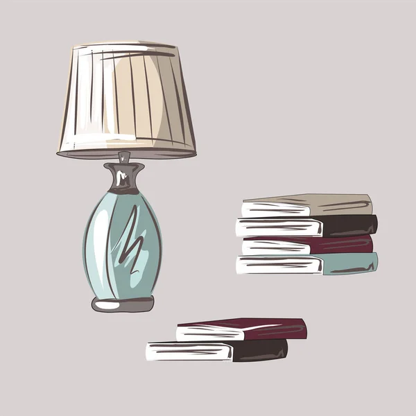 Glasvase Mit Blumen Und Vintage Tischlampe Mit Lampenschirm Bücherstapel Innenarchitektur — Stockvektor