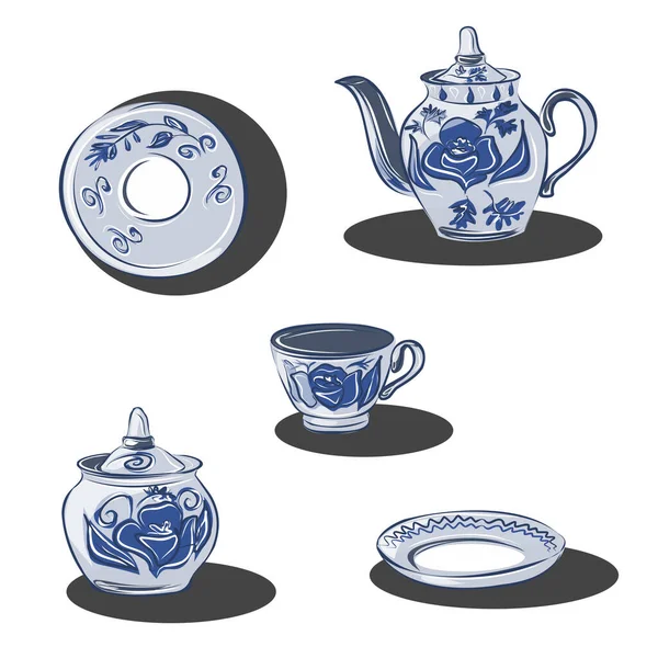 Conjunto Platos Estilo Gzhel Con Flores Azules Artículos Cerámica Porcelana — Archivo Imágenes Vectoriales