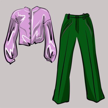 Bluz ve pantolon, kot pantolon. Basit bir gardırop seti. Giyim mağazası, moda. İzole vektör nesneleri.