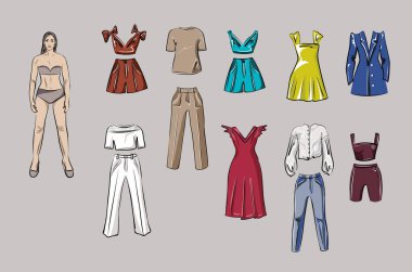 Kızım, kıyafetleri olan bir bebek. Bir kadın için kapsül temel gardırop. Minimalizm. Moda. Büyük dolap. İzole vektör nesneleri.