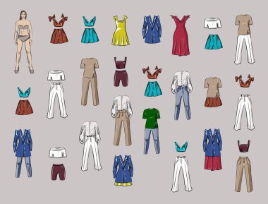 Kızım, kıyafetleri olan bir bebek. Bir kadın için kapsül temel gardırop. Minimalizm. Moda. Büyük dolap. İzole vektör nesneleri.