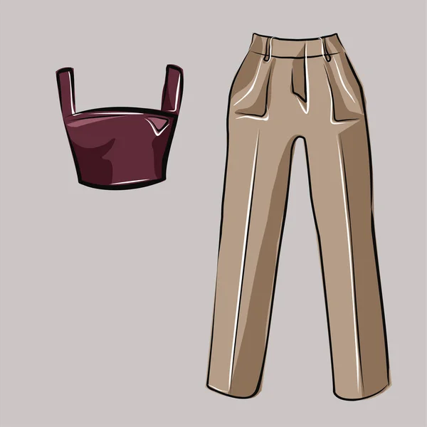 Bluz ve pantolon, kot pantolon. Basit bir gardırop seti. Giyim mağazası, moda. İzole vektör nesneleri.