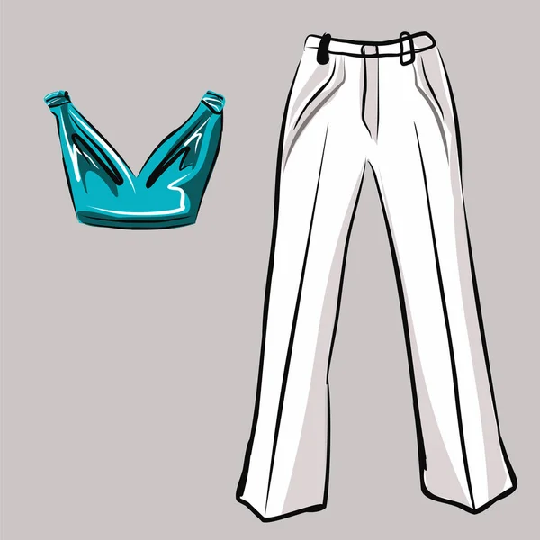 Elegantní Top Mašlí Bílými Klasickými Kalhotami Oblek Součást Základní Sady — Stockový vektor