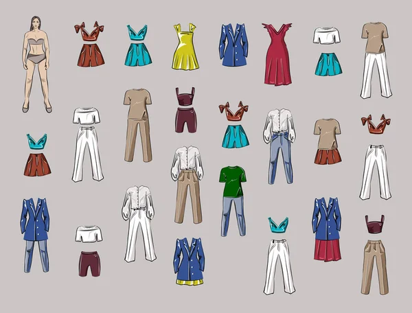 Kızım, kıyafetleri olan bir bebek. Bir kadın için kapsül temel gardırop. Minimalizm. Moda. Büyük dolap. İzole vektör nesneleri.